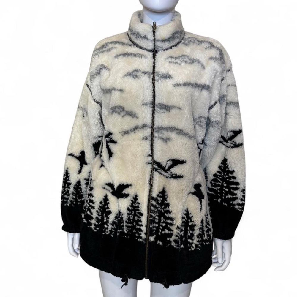 Vintage Scenic Nature Fleece Jacket - Pine Forest & Birds